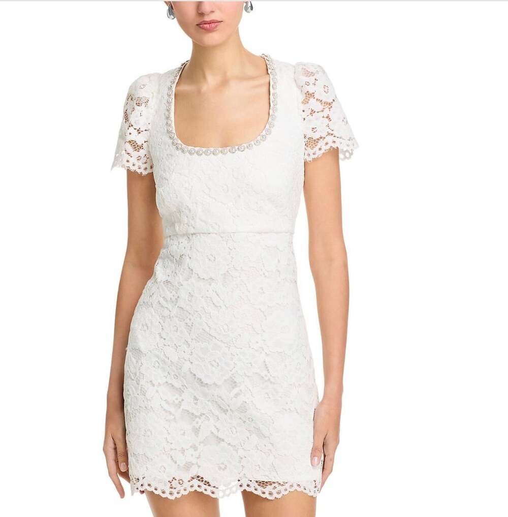 LIKELY Isa White Lace Mini Dress with Crystal/Pearl Trim Size 0
